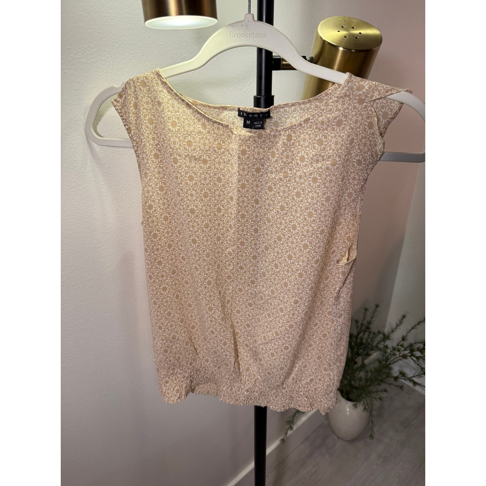 Theory Silk Blend Smocked Blouson Top Tan Geometric Print Boat Neck Size M